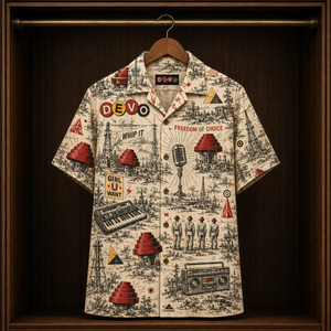 DEVO Hawaiian Shirt - Retro New Wave Band AOP Button Up Shirt with Whip It and Freedom of Choice Art