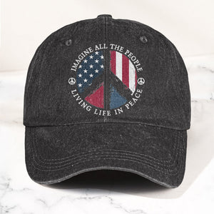 John Lennon Imagine All The People Living Life In Peace Sign American Flag Denim Cap Retro Vintage Dad Cap Gift For Dad (With Box)