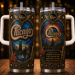 Chicago 40oz Rhinestone Insulated Tumbler with Handle Rock Band Stainless Steel Travel Mug with Straw and Lid