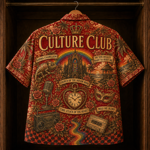 Culture Club Hawaiian Shirt - Retro 80s New Wave AOP Button Up Shirt with Karma Chameleon and Time Clock of the Heart Art