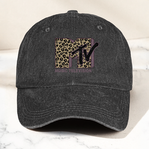 MTV Leopard Logo Cap Vintage Washed Hat, Retro Music Television Minimalist Streetwear Hat (With Box)
