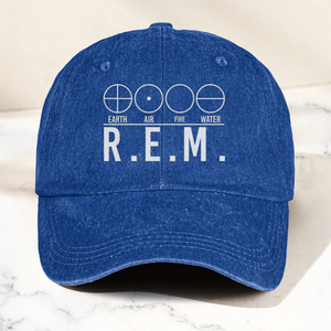 R.E.M Elements Logo Cap Vintage Washed Black Denim Dad Hat, Earth Air Fire Water Minimalist Band Hat (With Box)