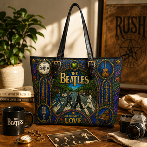 The Beatles Leather Handbag, Leather Tote Bag, Leather Wallet Set - Stained Glass The Beatles Band Fan Gift, Luxury Rock Music Accessories