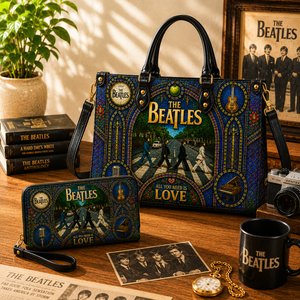 The Beatles Leather Handbag, Leather Tote Bag, Leather Wallet Set - Stained Glass The Beatles Band Fan Gift, Luxury Rock Music Accessories