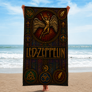Led Zeppelin Stained Glass Beach Towel Vintage Rock Band Oversized Sand-Free Towel, Gothic Angel Art Pool & Beach Blanket
