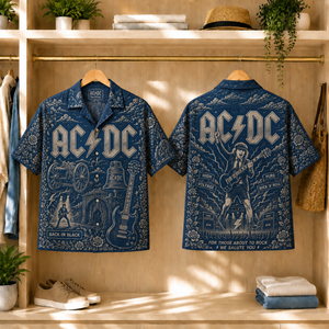 AC/DC Back in Black Toile Hawaiian Shirt - Classic Rock Vintage All-Over Print Button-Up Shirt