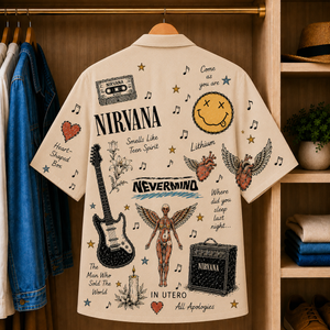 Nirvana Vintage Sketch Hawaiian Shirt - Nevermind Button Up Shirt with Smiley Face, In Utero Angel and Classic Grunge Artwork