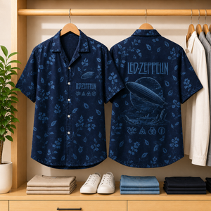 Led Zeppelin Navy Floral Toile Hawaiian Shirt, Zeppelin Airship Button-Up Shirt, Classic Rock Fan Gift