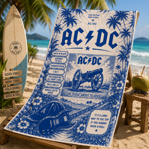 AC/DC Beach Towel - Vintage Blue Toile Rock Band Towel - AC/DC Cannon Guitar Artwork - Music Lover Beach Blanket
