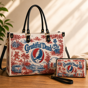 Grateful Dead Vintage Toile Leather Handbag, Leather Tote Bag, Leather Wallet Set - Luxury Rock Music Accessories