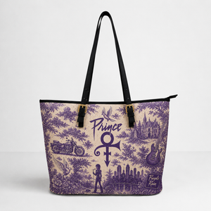Prince Vintage Purple Toile Leather Handbag, Leather Tote Bag, Leather Wallet Set - Luxury Rock Music Accessories