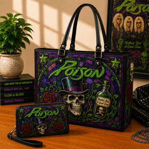 Poison Leather Handbag, Leather Tote Bag, Leather Wallet Set - Stained Glass Mosaic Poison Band Fan Gift, Luxury Rock Music Accessories