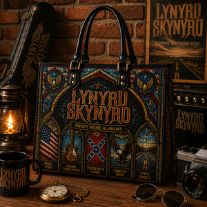 Lynyrd Skynyrd Leather Handbag, Leather Tote Bag, Leather Wallet Set - Stained Glass Lynyrd Skynyrd Band Fan Gift, Luxury Rock Music Accessories