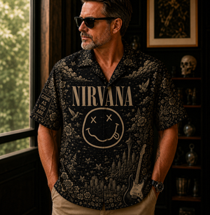 Nirvana Smiley Face Toile Hawaiian Shirt - Classic Rock Vintage All-Over Print Button-Up Shirt