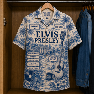 Elvis Presley Hawaiian Shirt – Vintage Tropical Rock ’n’ Roll Button-Up Featuring Graceland, Hound Dog & Jailhouse Rock