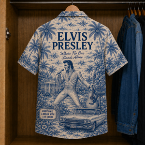 Elvis Presley Hawaiian Shirt – Vintage Tropical Rock ’n’ Roll Button-Up Featuring Graceland, Hound Dog & Jailhouse Rock