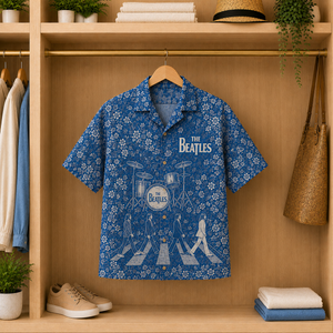 The Beatles Blue Toile Hawaiian Shirt - Abbey Road Vintage Floral AOP Summer Button-Up Shirt