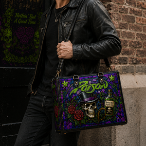 Poison Leather Handbag, Leather Tote Bag, Leather Wallet Set - Stained Glass Mosaic Poison Band Fan Gift, Luxury Rock Music Accessories