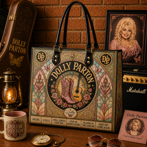 Dolly Parton Leather Handbag, Tote Bag and Wallet Set, Vintage Stained Glass Country Music Design, Cowgirl Boots Fan Gift