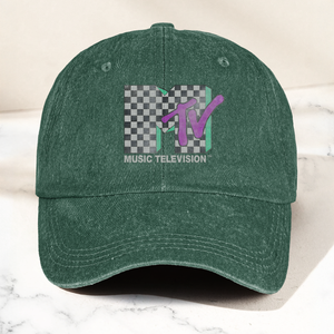 MTV Checkerboard Logo Cap Vintage Washed Hat, Retro 80s Music Television Streetwear Hat (With Box)