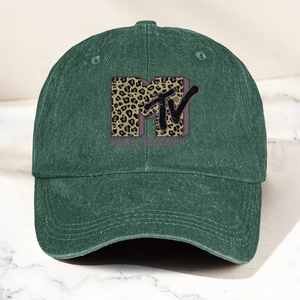 MTV Leopard Logo Cap Vintage Washed Hat, Retro Music Television Minimalist Streetwear Hat (With Box)