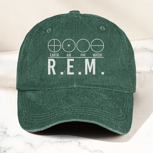 R.E.M Elements Logo Cap Vintage Washed Black Denim Dad Hat, Earth Air Fire Water Minimalist Band Hat (With Box)