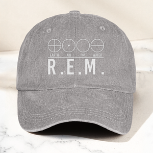 R.E.M Elements Logo Cap Vintage Washed Black Denim Dad Hat, Earth Air Fire Water Minimalist Band Hat (With Box)