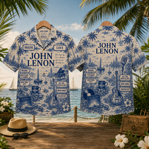 John Lennon Hawaiian Shirt – Vintage Tropical Toile Button-Up Featuring Imagine, Give Peace a Chance & New York-Inspired Artwork