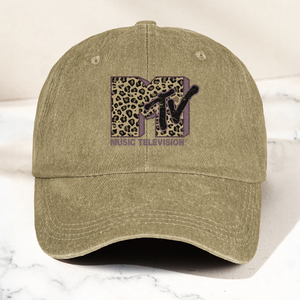MTV Leopard Logo Cap Vintage Washed Hat, Retro Music Television Minimalist Streetwear Hat (With Box)