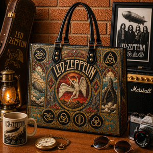 Led Zeppelin Leather Handbag, Tote Bag and Wallet Set, Vintage Stained Glass Swan Song Design, Classic Rock Music Fan Gift