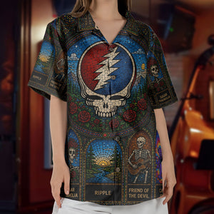 Grateful Dead Gothic Stained Glass Hawaiian Shirt - Unisex Retro Steal Your Face Stealie Skull Button Up