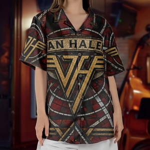 Van Halen Hawaiian Shirt - Unisex Retro Winged VH Logo Cathedral Window Button Up