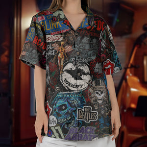 Rock Band Collage Hawaiian Shirt - Unisex Heavy Metal Grunge Summer Button Up - The Beatles Black Sabbath Concert Merch