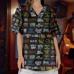 Vintage Hip Hop Logos Hawaiian Shirt - Unisex Retro 90s Rap Concert Black Summer Button Up