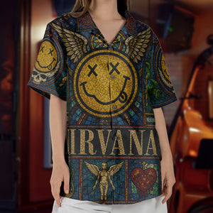 Nirvana Hawaiian Shirt - Unisex Retro Smiley Face Cathedral Window Button Up
