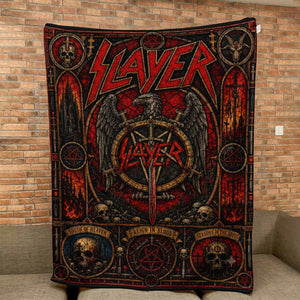 Slayer Band Sherpa Blanket Reign In Blood Stained Glass Thrash Metal Throw Blanket
