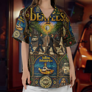 The Beatles Gothic Stained Glass Hawaiian Shirt - Unisex Retro Abbey Road Yellow Submarine Cathedral Window Button Up