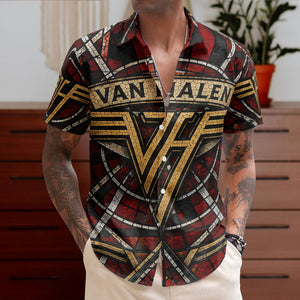 Van Halen Hawaiian Shirt - Unisex Retro Winged VH Logo Cathedral Window Button Up