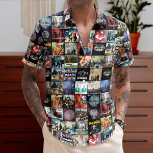 Oasis Band Album Cover Collage Hawaiian Shirt - Unisex 90s British Rock Concert Summer Button Up