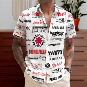 Grunge Rock Band Retro Rock Concert White Summer Button Up Hawaiian Shirt – Retro Music Album Art Inspired Unisex Shirt