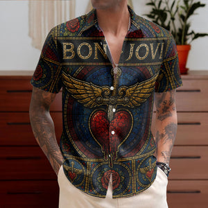 Bon Jovi Stained Glass Hawaiian Shirt - Unisex Classic Rock Heart Dagger Button Up