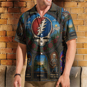 Grateful Dead Gothic Stained Glass Hawaiian Shirt - Unisex Retro Steal Your Face Stealie Skull Button Up