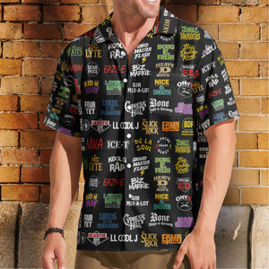Vintage Hip Hop Logos Hawaiian Shirt - Unisex Retro 90s Rap Concert Black Summer Button Up