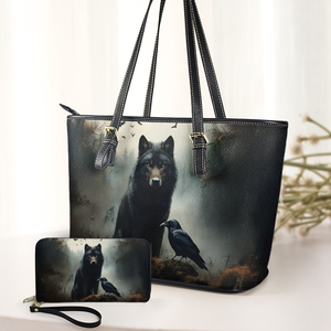 Mystic Wolf and Raven Leather Handbag with Gothic Forest Design