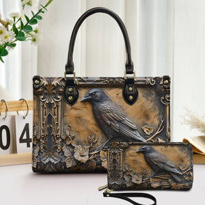 Vintage Gothic Raven Leather Handbag & Wallet Set Mystical Elegance in Dark Style
