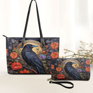 Nevermore Raven Leather Handbag & Wallet Set Gothic Elegance in Bloom