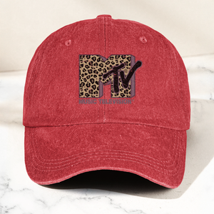 MTV Pink Leopard Logo Cap Vintage Washed Hat, Retro Music Television Aesthetic Streetwear Hat (With Box)