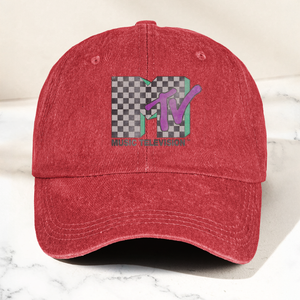 MTV Checkerboard Logo Cap Vintage Washed Hat, Retro 80s Music Television Streetwear Hat (With Box)
