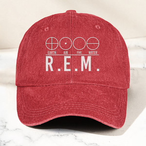 R.E.M Elements Logo Cap Vintage Washed Black Denim Dad Hat, Earth Air Fire Water Minimalist Band Hat (With Box)