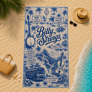 Billy Strings Bluegrass Toile Style Beach Towel Vintage Tropical Toile Banjo & Fiddle Design for Music Fans